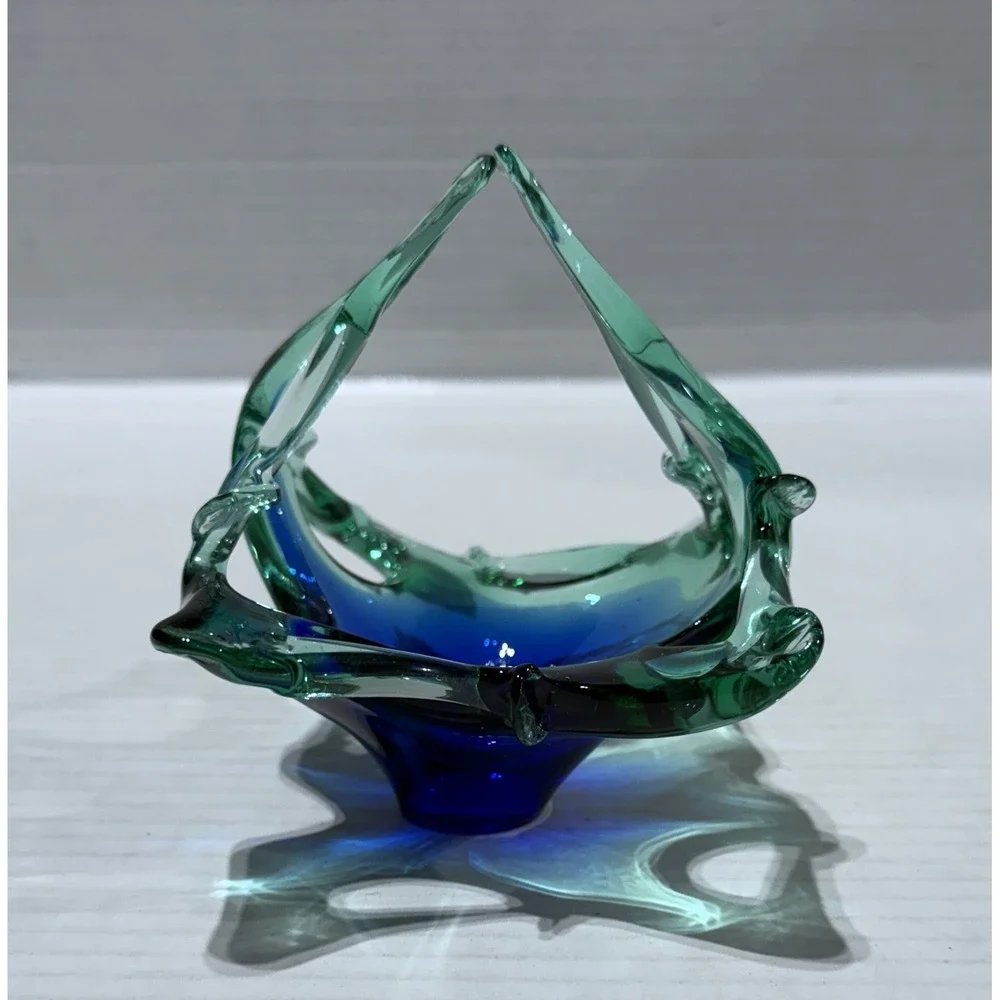 Vintage Murano Style MCM Blue‎ Green Art Glass Basket - Size 4.5 x 4.5 x 4